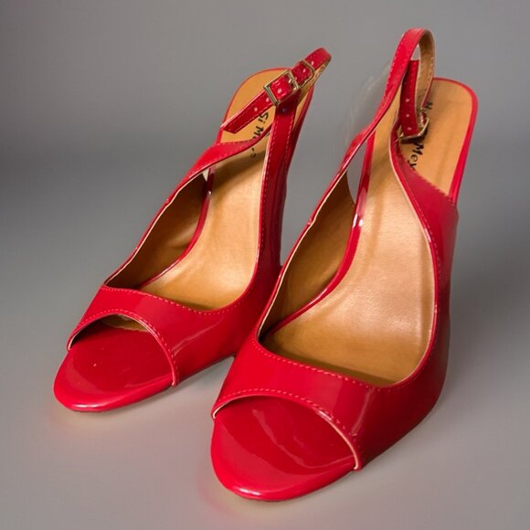 Hey Se Mey Red Patent Leather Stiletto 6 Inch Sling Back Heel Pump Shoes - Picture 3 of 6